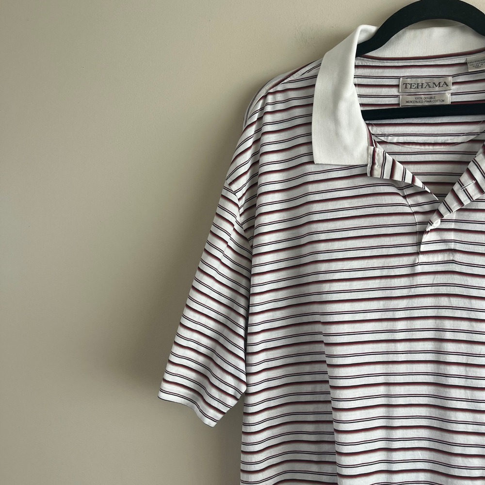 Tehama Clint Eastwood Golf Polo Shirt Men's XXL Striped Pima Cotton White Navy - Picture 3 of 6
